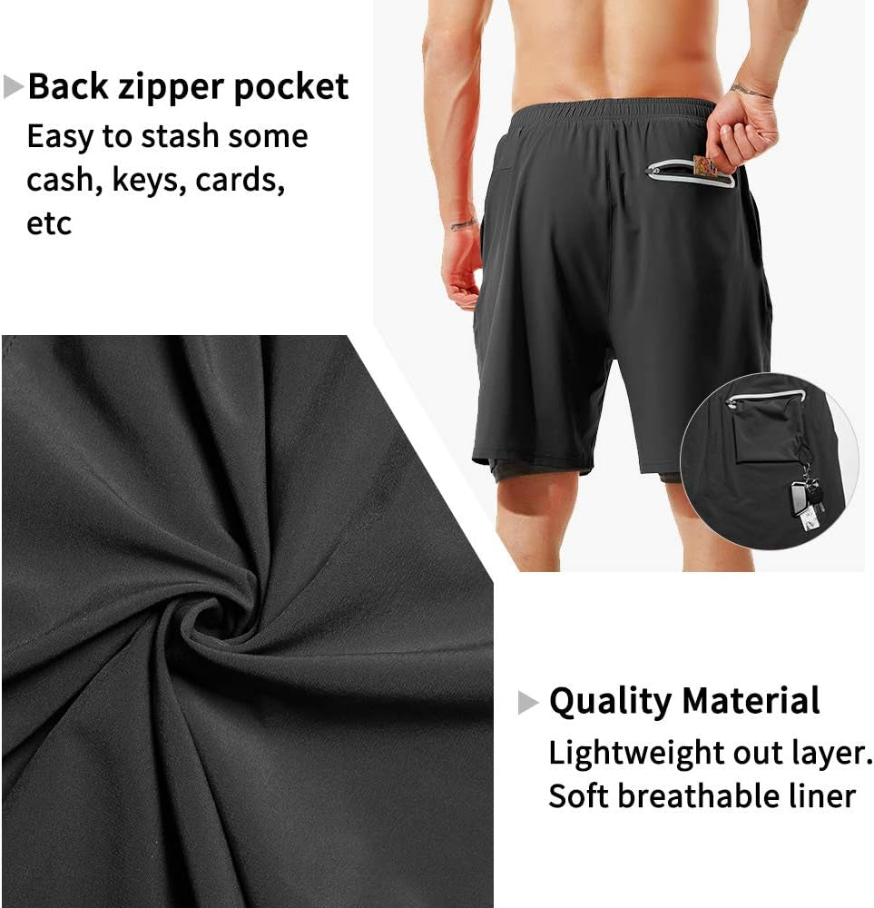 Men'S 2 in 1 Running Shorts 7" Quick Dry Lightweight Gym Athletic Workout Stealth Shorts for Men with Phone Pockets