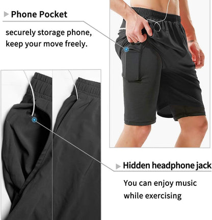 Men'S 2 in 1 Running Shorts 7" Quick Dry Lightweight Gym Athletic Workout Stealth Shorts for Men with Phone Pockets